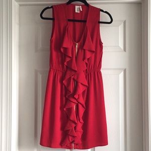 Red ruffle zip front dress